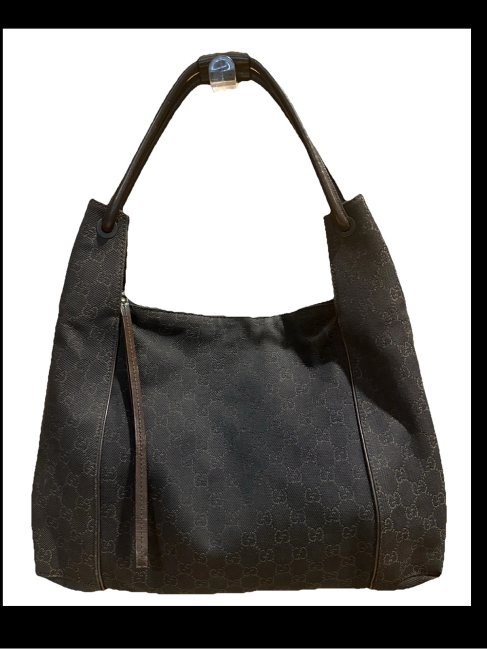Vintage Gucci GG Monogram Dark Brown Canvas Large Hobo Shoulder Bag Leather Trim